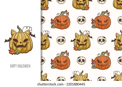 Cute And Creepy Halloween Pumpkins Cartoon Vector Illustration For Posters, T-shirt Print, Postcard. Funny Card Print Template And Seamless Background Pattern Set