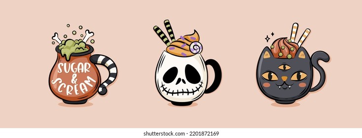 Cute and creepy halloween set with illustrations of cartoon mugs in hand drawn style. Perfect for greeting cards, party invitations, posters, stickers, pin, scrapbooking, icons