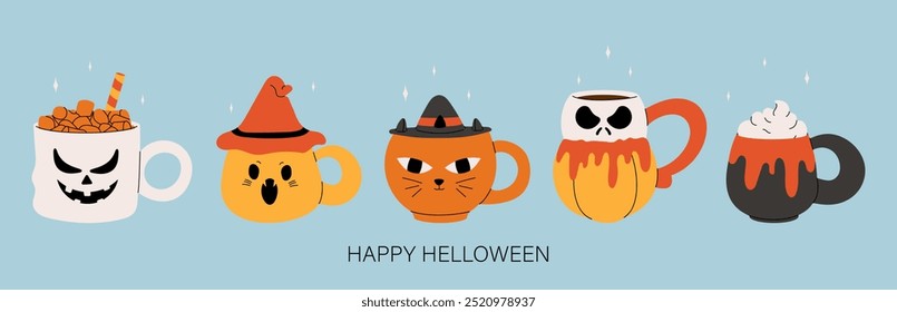 Cute and creepy halloween set with illustrations of cartoon mugs in hand drawn style. Hot cocoa with marshmallow, coffee and tea cups with cute faces, pumpkin, cat, skull. Vector illustration