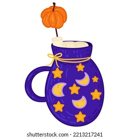 Cute and creepy halloween vector clipart with illustration of cartoon mug in hand drawn style. Perfect for greeting cards, party invitations, posters, stickers, pin, scrapbooking, icons.