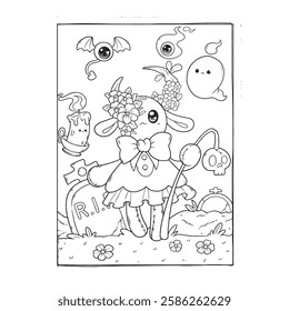 Cute Creepy kawaii Coloring book for children. Coloring book for adults. Halloween.