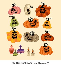 Cute and creepy orange pumpkin set for halloween design and decoration