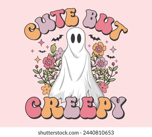 Camiseta retro linda pero espeluznante, camisa retro de Halloween, temporada espeluznante, camiseta de calabaza fantasma, Halloween de moda, Halloween hippie, camiseta de los ghouls, archivo de corte para Cricut y silueta