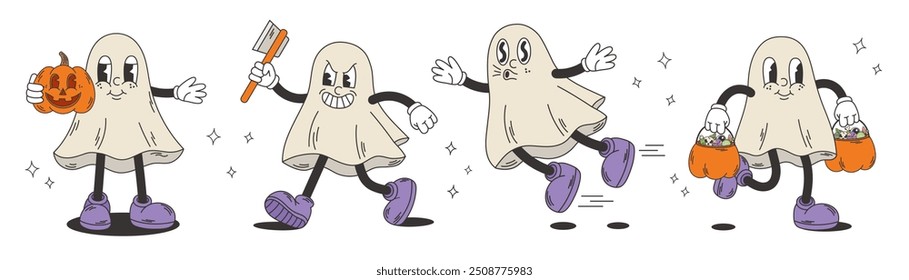 Cute creepy, scary, funny ghosts. Cartoon retro style characters. Halloween concept. Isolated vector design elements. 