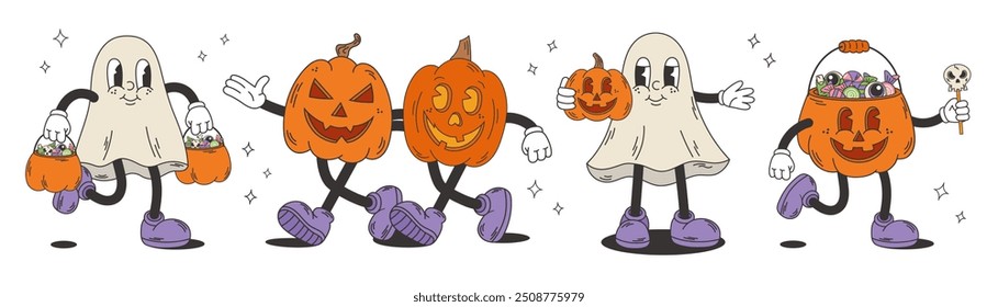 Süße gruselige, gruselige Kürbisse und Geisterfiguren. Halloween Retro Cartoon Stil. Vektorgrafik.