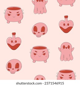 Cute and creepy seamless pattern. Trendy pink and red print. Retro cartoon style. Cauldron, skull, potion, mushroom, ghoost. Happy Halloween.