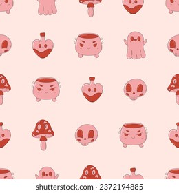 Cute and creepy seamless pattern. Trendy pink and red print. Retro cartoon style. Cauldron, skull, potion, mushroom, ghoost. Happy Halloween.