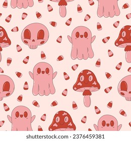 Cute and creepy seamless pattern. Trendy pink and red print. Retro cartoon style. Cauldron, skull, potion, mushroom, ghoost. Happy Halloween.