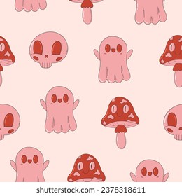 Cute and creepy seamless pattern. Trendy pink and red print. Retro cartoon style. Cauldron, skull, potion, mushroom, ghoost. Happy Halloween.