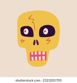 Cute creepy skull with funny face. Halloween Illustration in a modern childish hand-drawn style