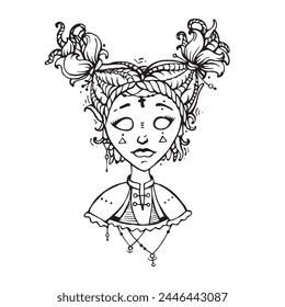 Cute creepy taro girl with curly hair, fortune teller, hand drawn vector illustration