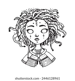 Cute creepy witch girl with dreadlocks, fortune teller, hand drawn vector illustration