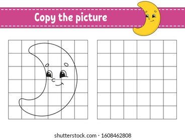 Cute crescent. Copy the picture. Coloring book pages for kids. Education developing worksheet. Game for children. Handwriting practice. Funny character. Cute cartoon vector illustration.