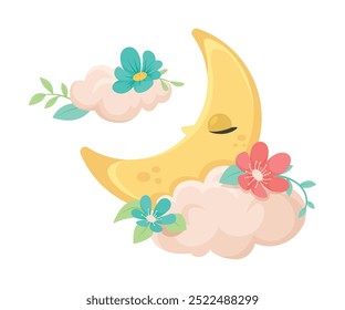 Niedlicher Halbmond mit Blumen und hübschem Gesicht, Vektorgrafik