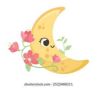 Cute Crescent with Flowers and Pretty Face Vector Illustration