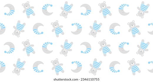 Cute crescent moon in a blue and white nightcap and teddy bear in a striped bodysuit on a white background. Kids endless texture. Vector seamless pattern for wrapping paper, giftwrap, surface texture