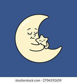Personaje lindo de la luna creciente abrazando una estrella Pequeña. Ilustración vectorial
