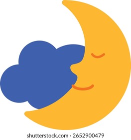 Cute crescent moon character sleeping next to a blue cloud. Ideal for bedtime visuals, night themes, lullaby content, or children's illustrations.