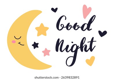 Cute crescent moon with closed eyes, surrounded by vibrant stars and hearts, creating a whimsical good night scene perfect for enhancing kids' bedroom decor. Ideal for fostering sweet dreams