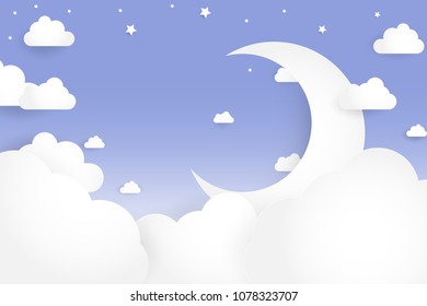 Cute Crescent Moon with clouds and stars origami paper cut design style on blue wallpaper background vector eps10