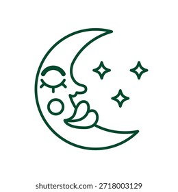 Linda cara de luna creciente con ojos cerrados y estrellas decorativas en un estilo minimalista simple. Perfecto para el diseño del tema de la noche, ilustración de los niños, etiqueta engomada, logotipo, tatuaje, impresión, y marca de ensueño.