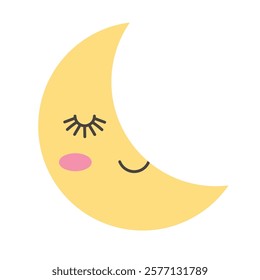 Cute crescent moon illustration with blush. Minimalistic illustration of a smiling yellow crescent moon with closed eyes and rosy cheeks, perfect for bedtime or nursery themes	