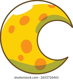 Ilustração de lua crescente bonito lembrando um pedaço de queijo, com manchas circulares amarelas e laranja e um estilo de desenho animado divertido. Perfeito para livros infantis, temas infantis, histórias para dormir ou caprichos