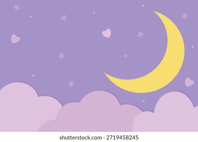 Luna creciente linda en el cielo nocturno con nubes rosadas, estrellas y corazones en la ilustración de dibujos animados de fondo púrpura