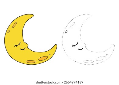 Bela lua crescente dormindo coloração páginas para crianças. Traço e cor lua crescente dormir. Página de coloração de atividade divertida para crianças imprimível. Clipart de lua crescente adormecida bonito, vetor ícone.