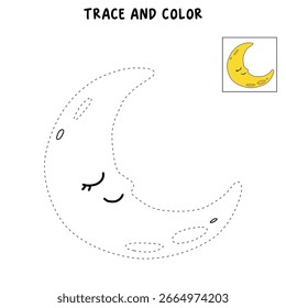 Bela lua crescente dormindo coloração páginas para crianças. Traço e cor lua crescente dormir. Página de coloração de atividade divertida para crianças imprimível. Clipart de lua crescente adormecida bonito, vetor ícone.