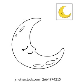 Linda luna creciente para colorear páginas para niños. Trazo y color de la luna creciente durmiendo. Divertida actividad para colorear página para niños imprimible. Lindo Clipart dormido de la luna creciente, icono de Vector.