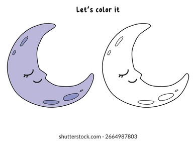 Bela lua crescente dormindo coloração páginas para crianças. Traço e cor lua crescente dormir. Página de coloração de atividade divertida para crianças imprimível. Clipart de lua crescente adormecida bonito, vetor ícone.