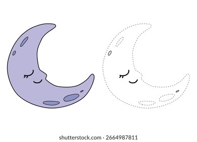 Bela lua crescente dormindo coloração páginas para crianças. Traço e cor lua crescente dormir. Página de coloração de atividade divertida para crianças imprimível. Clipart de lua crescente adormecida bonito, vetor ícone.