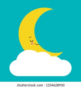Cute crescent moon sleeping and smiling among white clouds. Vector flat style cartoon illustration