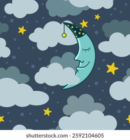 A cute crescent moon with a sleepy face among clouds and stars, perfect for kids' art, bedtime stories, or anything needing nighttime magic. 