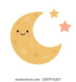 Cute crescent moon with stars for kids isolated on white background. Boho baby elements. Flat design. Vector illustration.