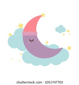 a cute crescent moon wears a pink hat and sleeps on the cloud. pastel color concept. vector illustration.