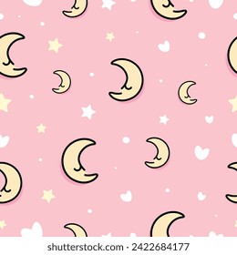 Cute crescent, stars and heart on pink background decoration. Seamless repeating pattern texture background design for fashion fabrics, textile graphics, prints etc