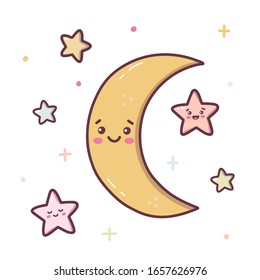 Cute crescent with stars. Kawaii cartoon character isolated on a white background. Vector illustration.
