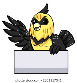 Cute crested barbet bird cartoon waving hand