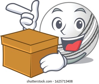 Cute Cricket Ball Cartoon Character Having A Box