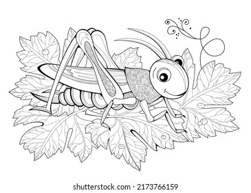 Cute cricket. Coloring book for children and adults. Illustration in zentangle style. Printable page for drawing and meditation. Black and white vector for decoration, t-shirts, tattoo, design.