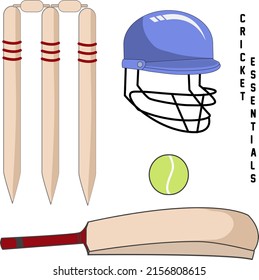 CUTE CRICKET ESSENTIAL EQUIPMENTS, BAT, BALL, WICKET, STUMP, HELMET 