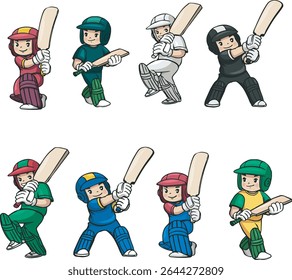 Cute cricket player, boy playing national British game. Colorful clipart character. Cartoon design for t shirt. Vector illustration. National cricket players icon