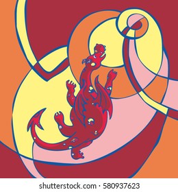 Cute crimson cheerful little dragon dancing in the rays of the setting sun. Vector hand-drawn cartoon funny emotional character illustration.
