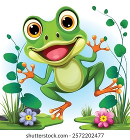 A cute croaking frog jumping surrounded by bright flowers and coastal marsh plants on a blue background. Vector cartoon illustration for decorating children's clothes or designing covers, wallpapers.