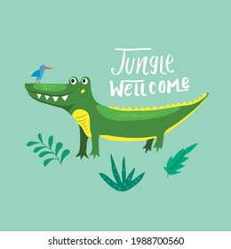 Cute Croccodile with Jungle welcom lettering Cartoon Animal baby and children print design Vector Illustration.