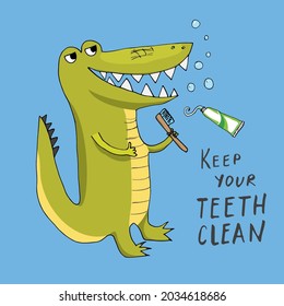 Cute Croccodile with toothbrush Cartoon Animal baby and children print design Vector Illustration.