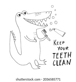 Cute Croccodile with toothbrush Cartoon Animal baby and children print design Vector Illustration.