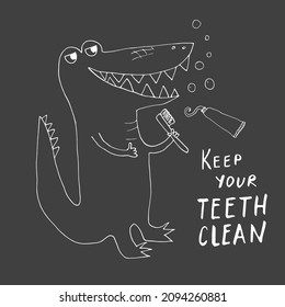 Cute Croccodile with toothbrush Cartoon Animal baby and children print design Vector Illustration.